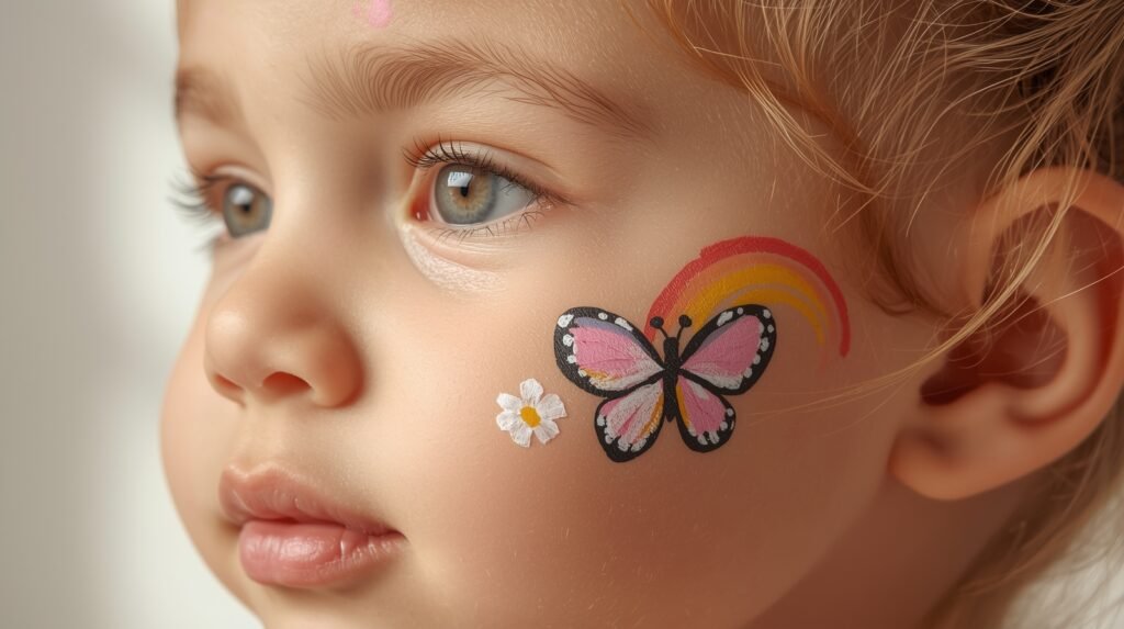 Mini butterfly wing face painting on a child’s cheek.