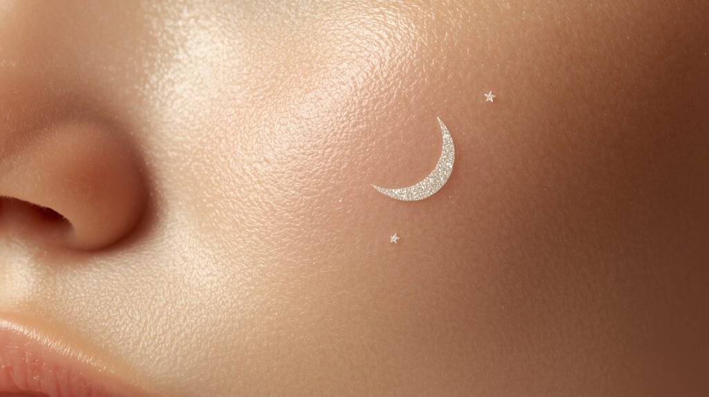 Small crescent moon and stars face painting on a cheek.