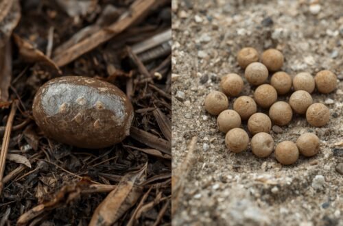 deer poop vs rabbit poop natural brown color comparison showing smooth dark oval deer pellets and lighter round rabbit droppings with ruler
