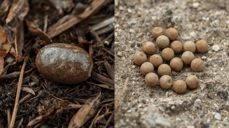 deer poop vs rabbit poop natural brown color comparison showing smooth dark oval deer pellets and lighter round rabbit droppings with ruler