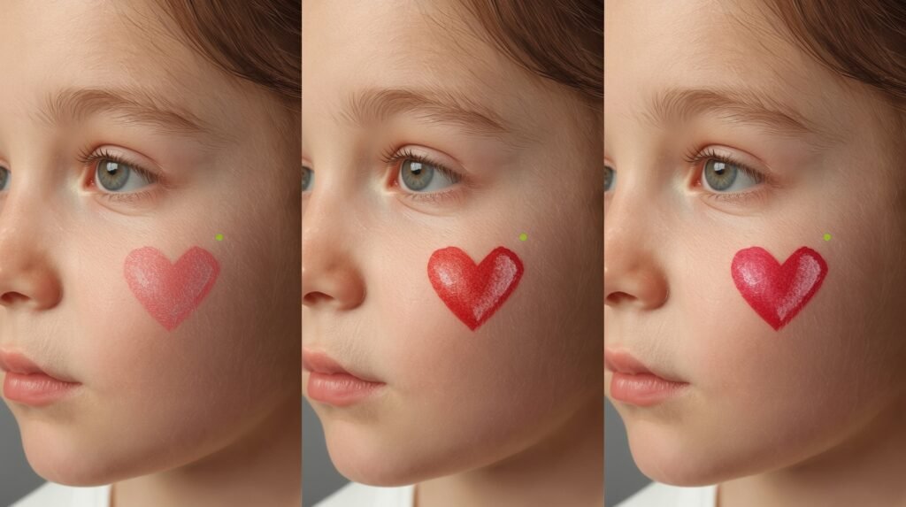 Step-by-step cheek face painting of a heart design showing base shape, color fill, outline, and accent dot.