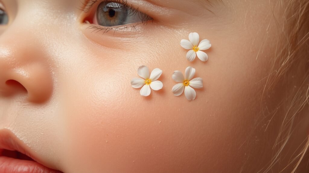 Cluster of small five-petal flower face paintings on a cheek.