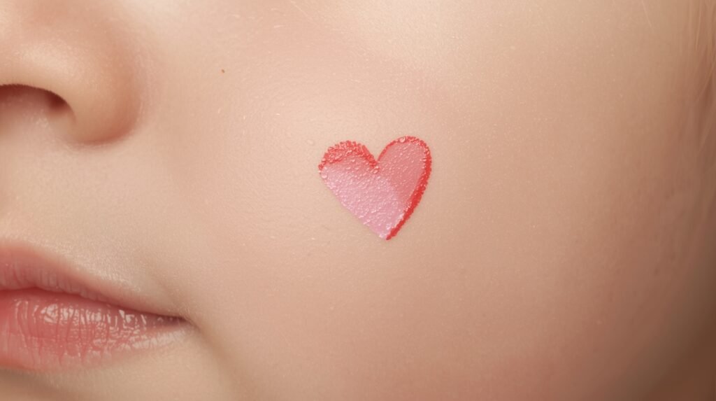 Small heart face painting on a child’s cheek with a white highlight.