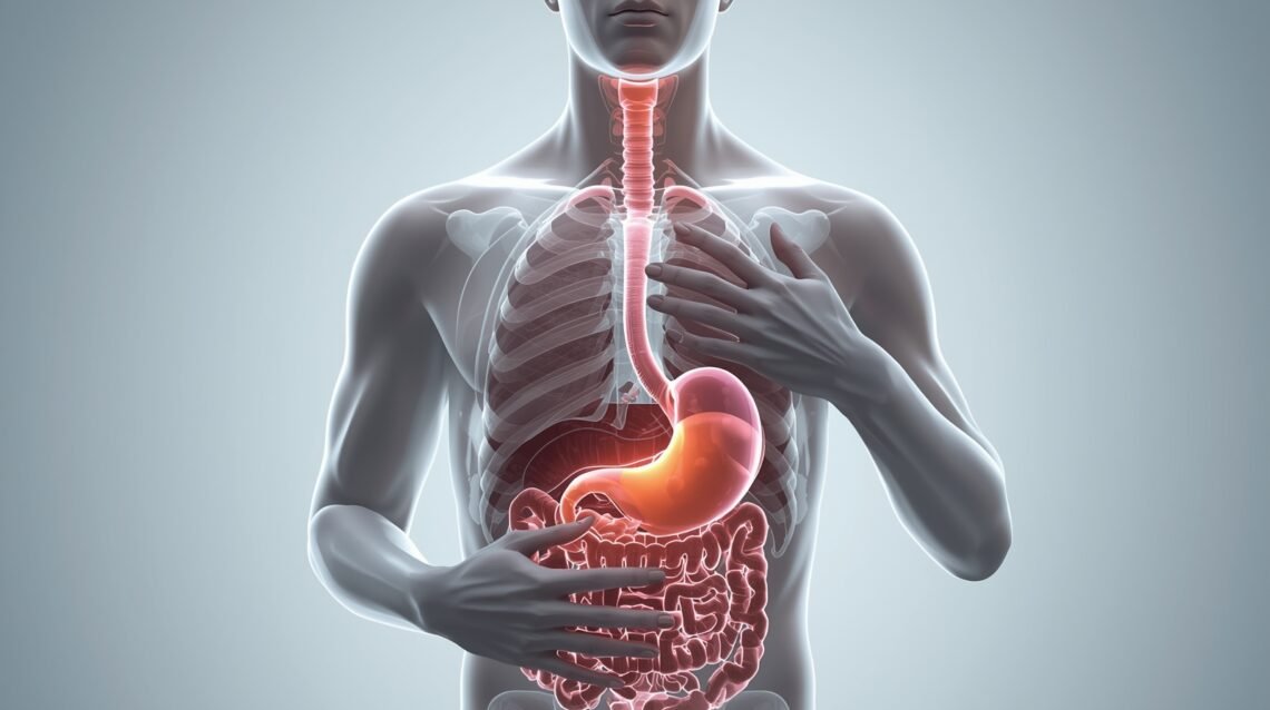 how do i stop chest tightness after eating caused by stomach pressure and reflux shown in realistic digestive system illustration