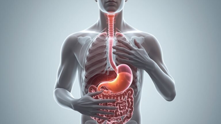 how do i stop chest tightness after eating caused by stomach pressure and reflux shown in realistic digestive system illustration