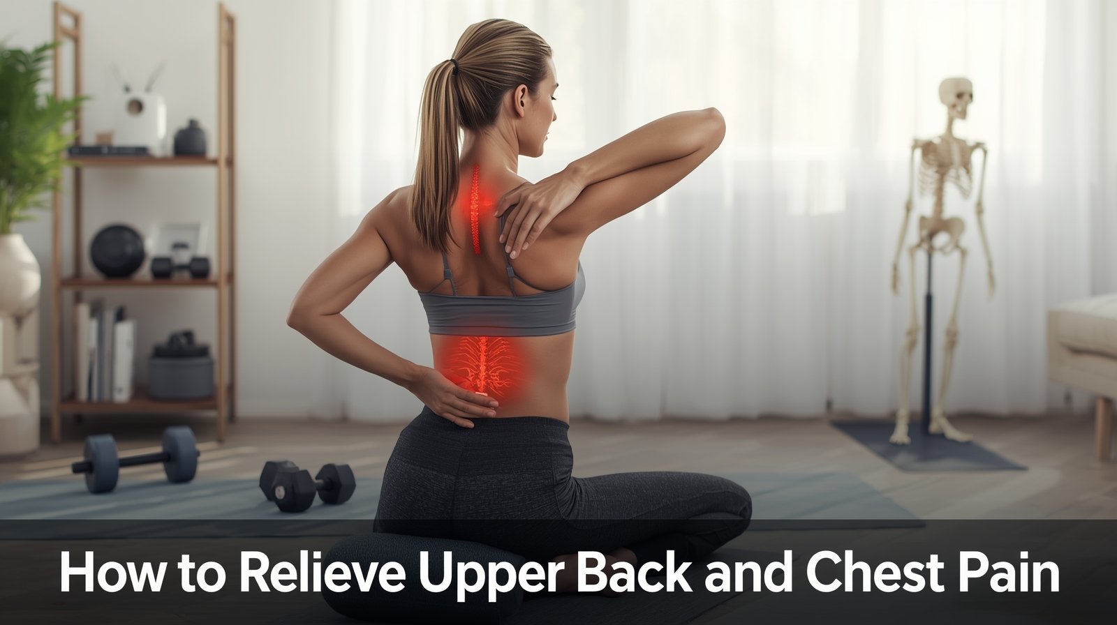 Person performing foam roller stretch showing how to relieve upper back and chest pain with proper posture and relaxation techniques.