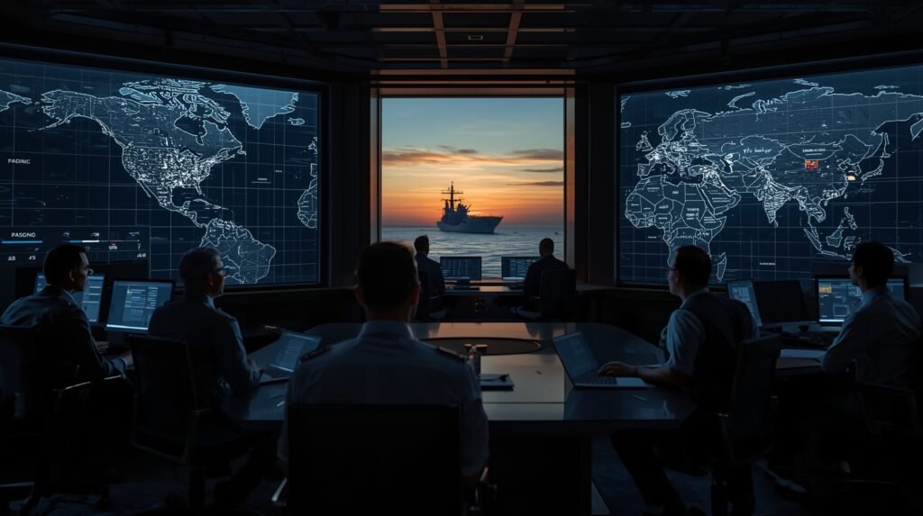Is the United States Going to War analysis shown through a realistic Pentagon-style strategy room with global maps and military deterrence planning