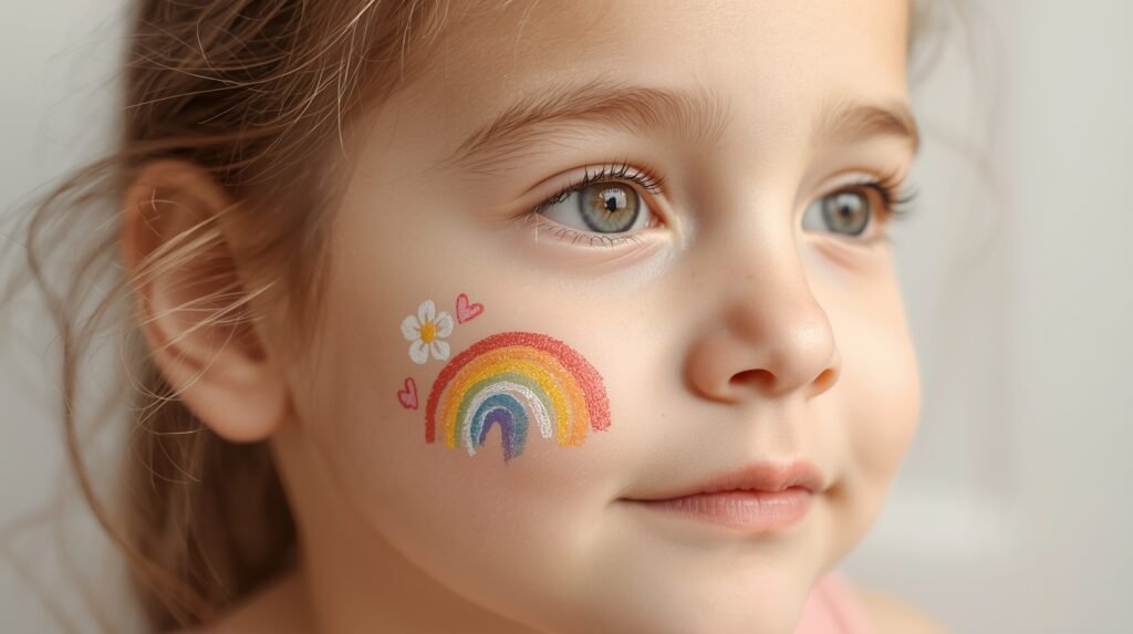 Small rainbow arc cheek design with soft cloud accents at the ends.