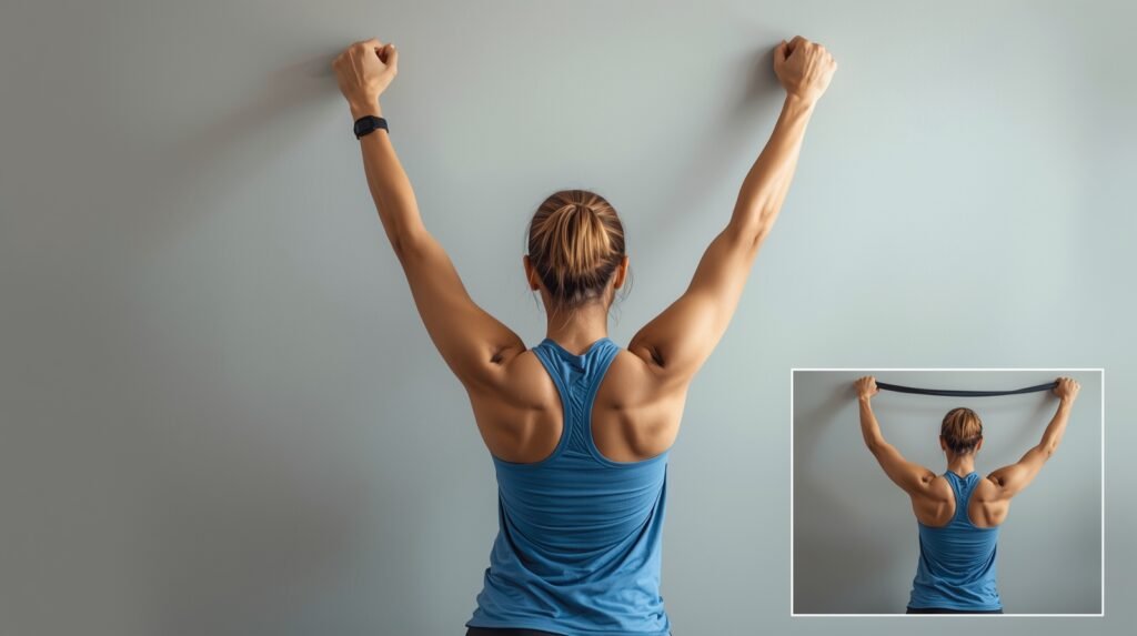 Person doing wall slides and resistance band rows to strengthen upper back and relieve chest pain
