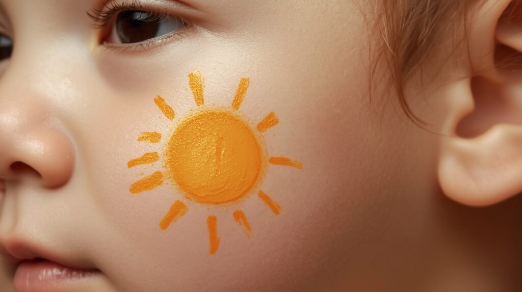 Sun symbol face painting with short rays on a child’s cheek.