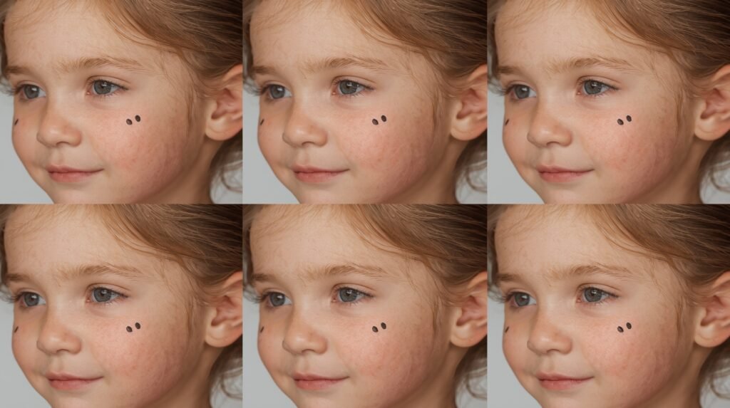 Swirl and dot decorative face painting on a child’s cheek.