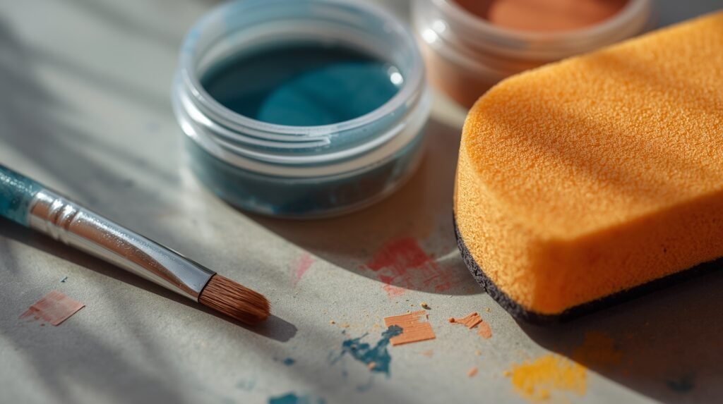 Close-up of round and flat brushes and a sponge used for face painting with skin-safe paints.