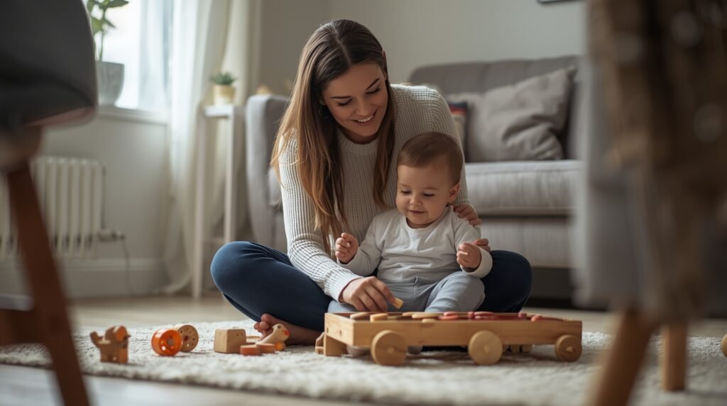 how to attend to your toddler scoopnurturement through emotional comfort while a caregiver sits beside a toddler playing with toys