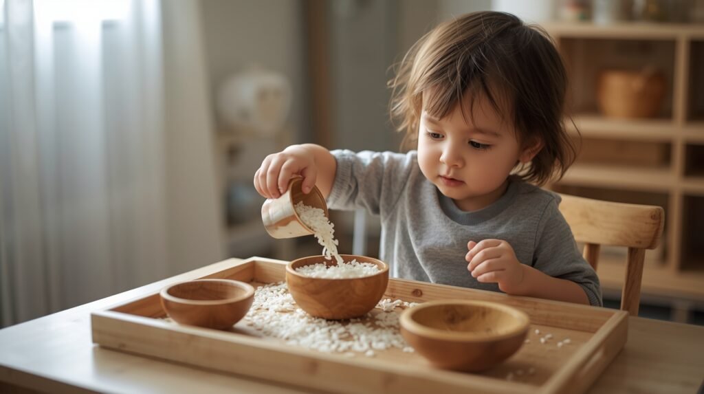 how to attend to your toddler scoopnurturement through sensory play pouring rice between bowls