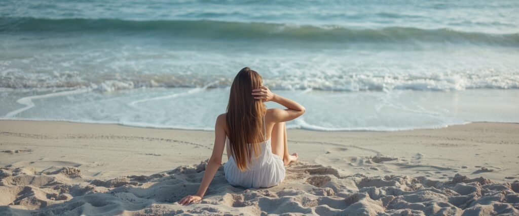Woman sitting on a sandy beach near the ocean, leaning back while enjoying the sea waves and sunlight.