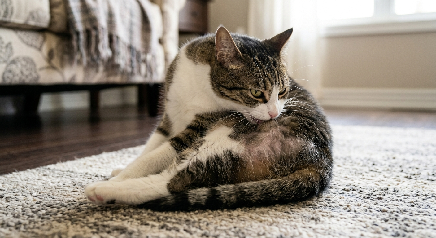 Close-up of a cat overgrooming its side showing thin fur patches while asking why is my cat pulling her hair out.